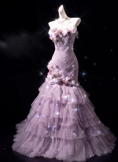 Romantic Purple Prom Dress Tulle Dress for Party Strapless Sheath Evening Dress ED09162