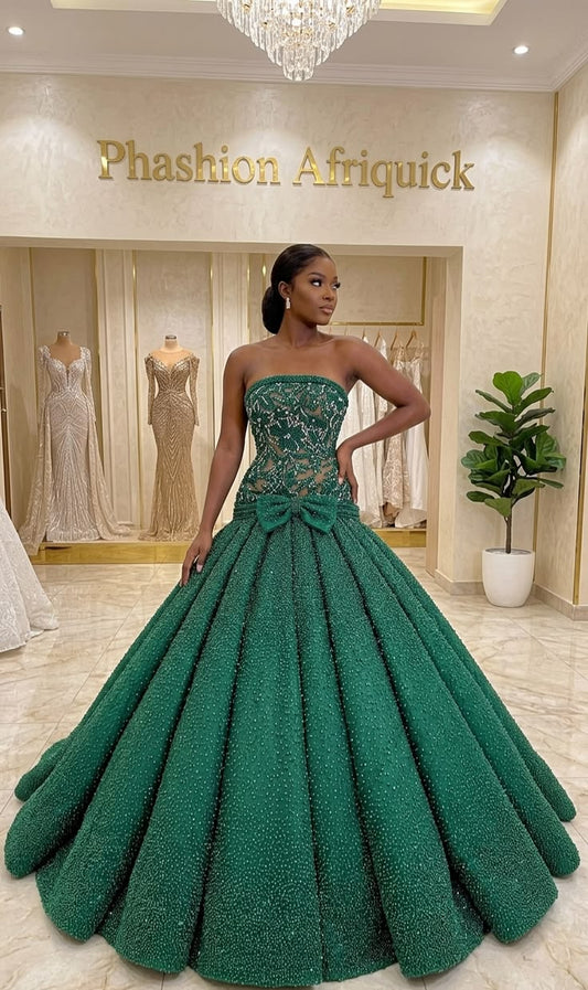 Chic Green Prom Dress Beaded Satin Dress for Party Strapless A-Line Evening Dress ED09163