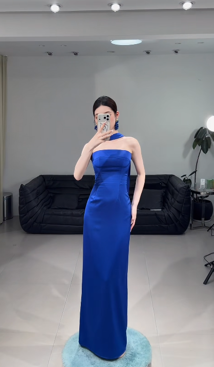 Chic Blue Prom Dress Chiffon Dress for Party Strapless Sheath Evening Dress ED09166