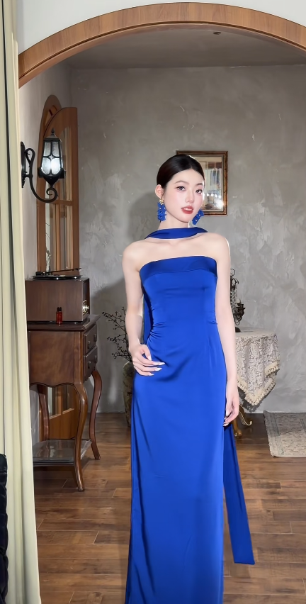 Chic Blue Prom Dress Chiffon Dress for Party Strapless Sheath Evening Dress ED09166