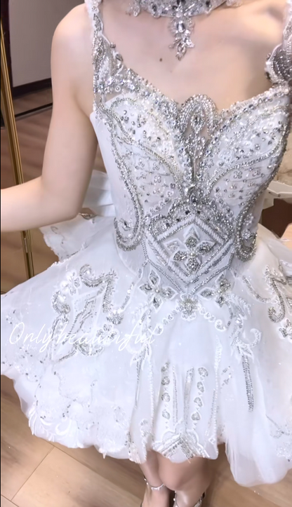 Sexy White Hoco Dress V-neck Birthday Dress A-Line Beaded Tulle Dress for Party ED09178