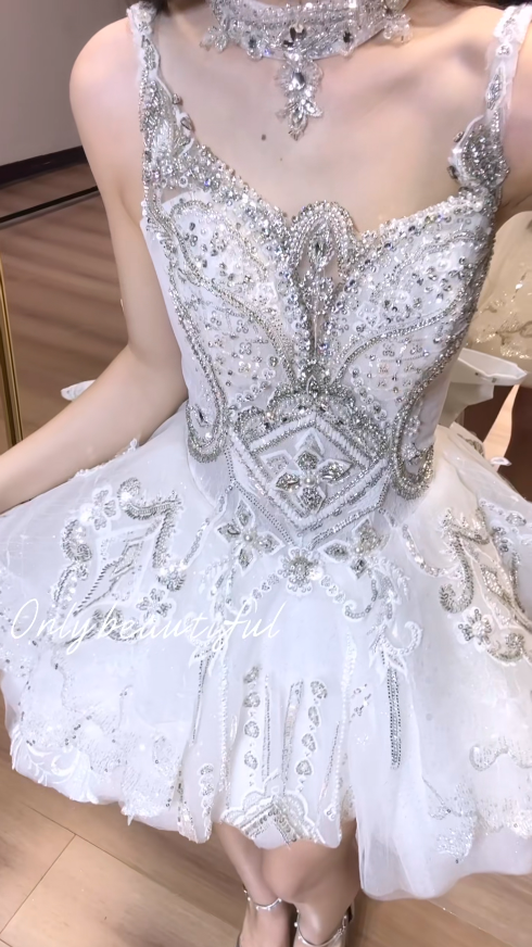 Sexy White Hoco Dress V-neck Birthday Dress A-Line Beaded Tulle Dress for Party ED09178