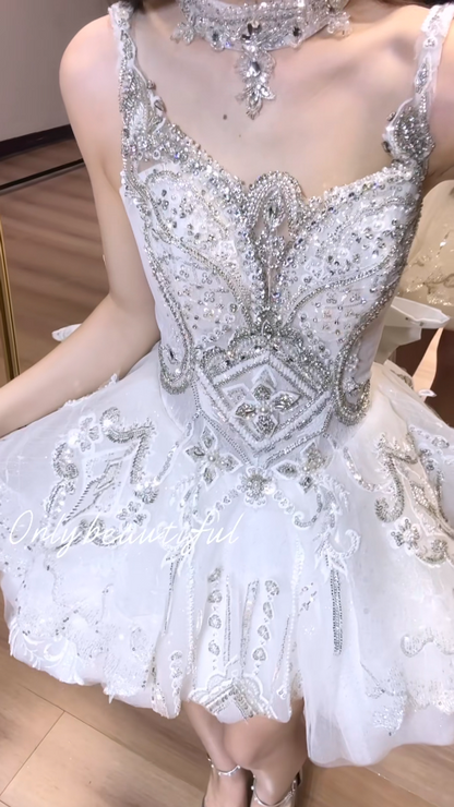 Sexy White Hoco Dress V-neck Birthday Dress A-Line Beaded Tulle Dress for Party ED09178
