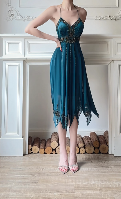 Sexy Dark Teal Hoco Dress Spaghetti Straps Birthday Dress Sheath Chiffon Dress for Party ED09179