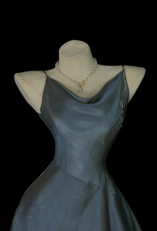 Mignonne robe de bal en satin gris-bleu avec bretelles pour anniversaire, coupe trapèze, ED09182