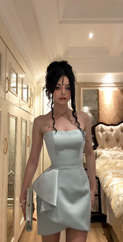 Cute Blue Hoco Dress Strapless Sheath Birthday Dress Satin Dress for Party ED09184