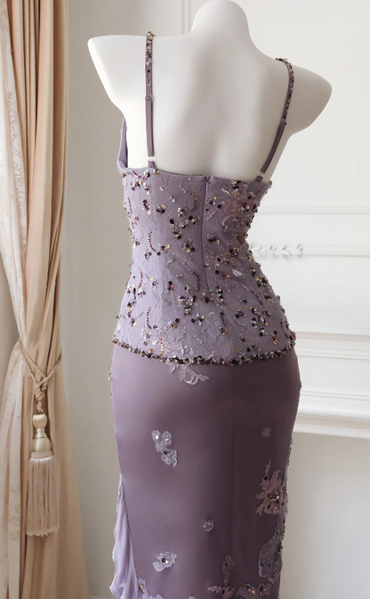 Cute Purple Hoco Dress Straps Sheath Birthday Dress Satin Lace Dress for Party ED09185
