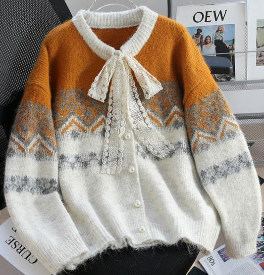 Fair Isle Vintage Kontrast Strickjacke ED0918
