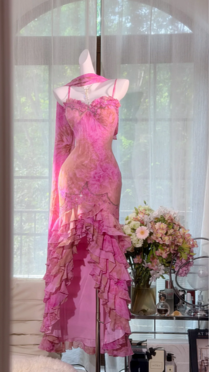 Cute Pink Hoco Dress Spaghetti Straps Sheath Birthday Dress Chiffon Dress for Party ED09190