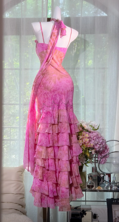 Cute Pink Hoco Dress Spaghetti Straps Sheath Birthday Dress Chiffon Dress for Party ED09190