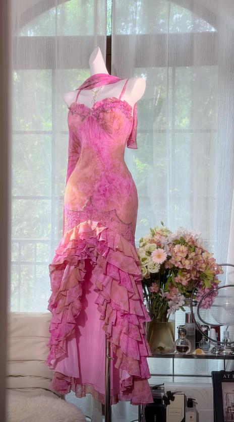 Cute Pink Hoco Dress Spaghetti Straps Sheath Birthday Dress Chiffon Dress for Party ED09190