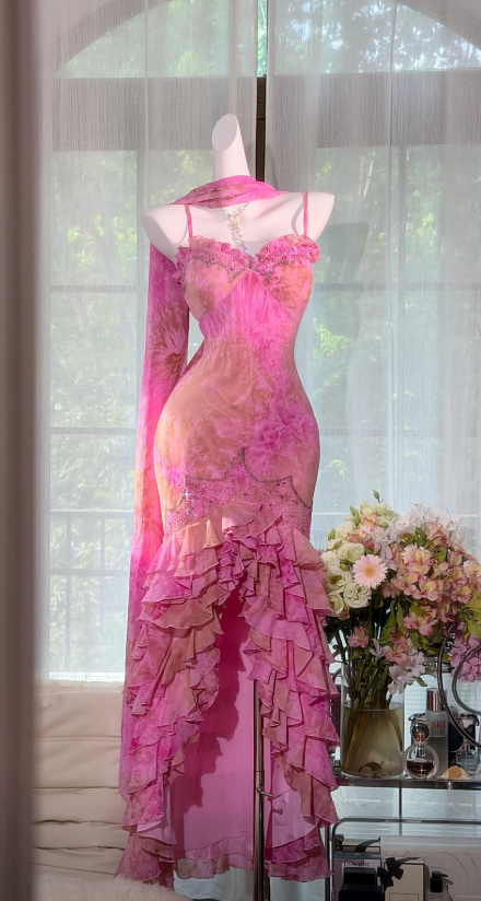 Cute Pink Hoco Dress Spaghetti Straps Sheath Birthday Dress Chiffon Dress for Party ED09190