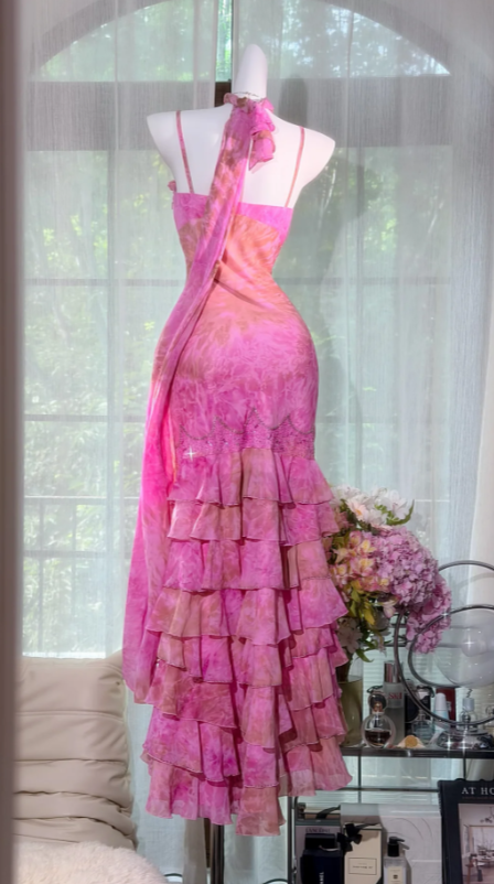 Cute Pink Hoco Dress Spaghetti Straps Sheath Birthday Dress Chiffon Dress for Party ED09190