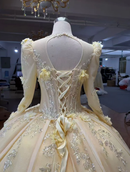 Fairy Off-shoulder Ball Gown Quinceanera Dress Tulle Applique Yellow Sweet 16 Dress ED09192
