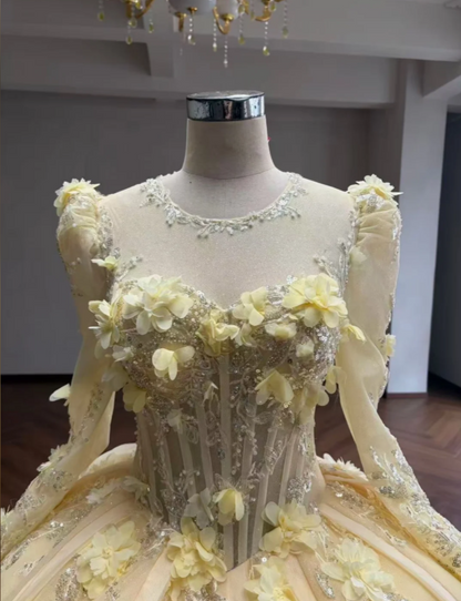 Fairy Off-shoulder Ball Gown Quinceanera Dress Tulle Applique Yellow Sweet 16 Dress ED09192