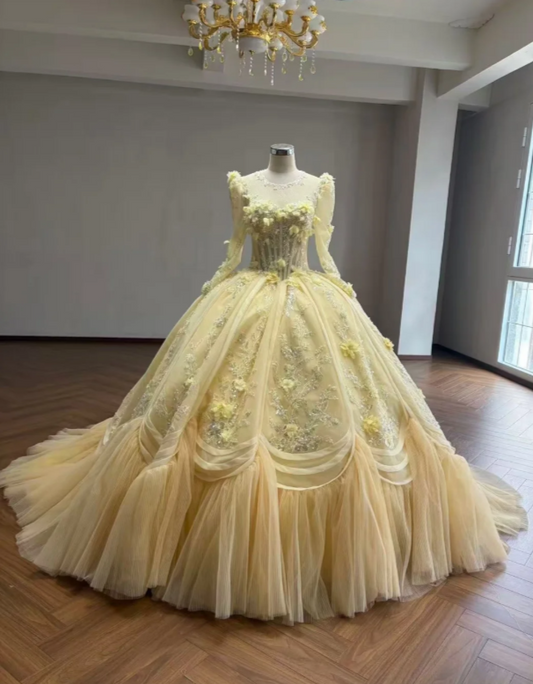 Fairy Off-shoulder Ball Gown Quinceanera Dress Tulle Applique Yellow Sweet 16 Dress ED09192