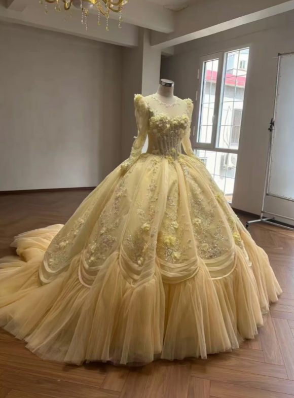 Fairy Off-shoulder Ball Gown Quinceanera Dress Tulle Applique Yellow Sweet 16 Dress ED09192