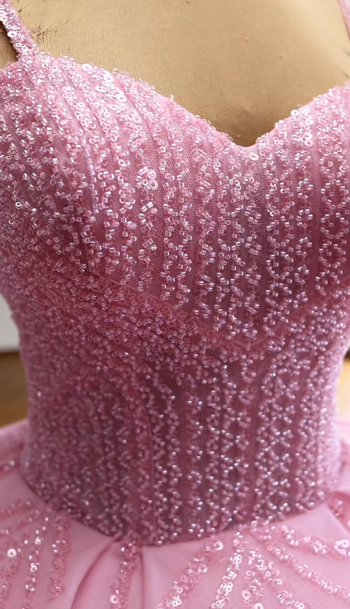 Fairy Straps Beaded Prom Dress Ball Gown Quinceanera Dress Tulle Applique Pink Sweet 16 Dress ED09193