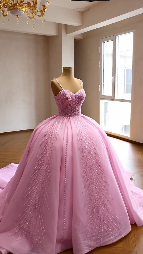Fairy Straps Beaded Prom Dress Ball Gown Quinceanera Dress Tulle Applique Pink Sweet 16 Dress ED09193