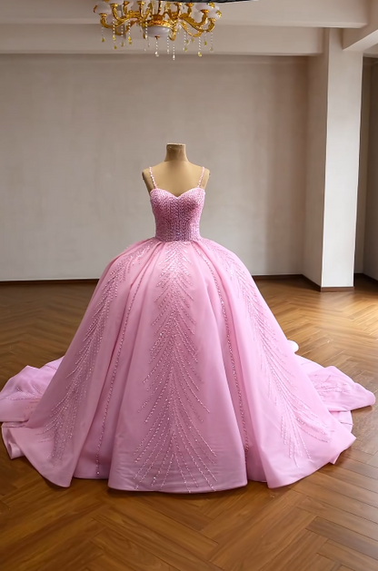Fairy Straps Beaded Prom Dress Ball Gown Quinceanera Dress Tulle Applique Pink Sweet 16 Dress ED09193