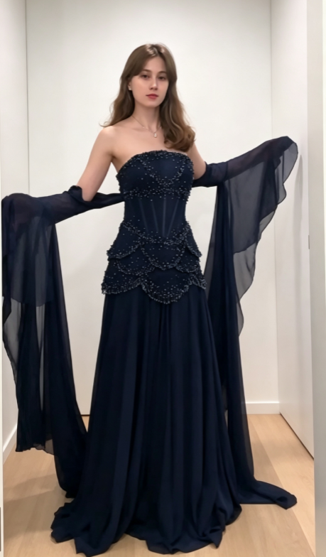 Chic Strapless Sheath Chiffon Long Evening Dress Navy Blue Prom Dress ED09195