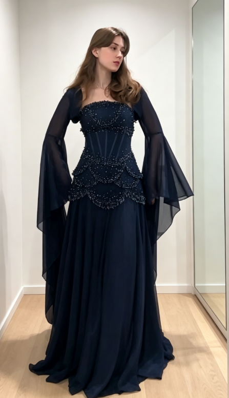 Chic Strapless Sheath Chiffon Long Evening Dress Navy Blue Prom Dress ED09195