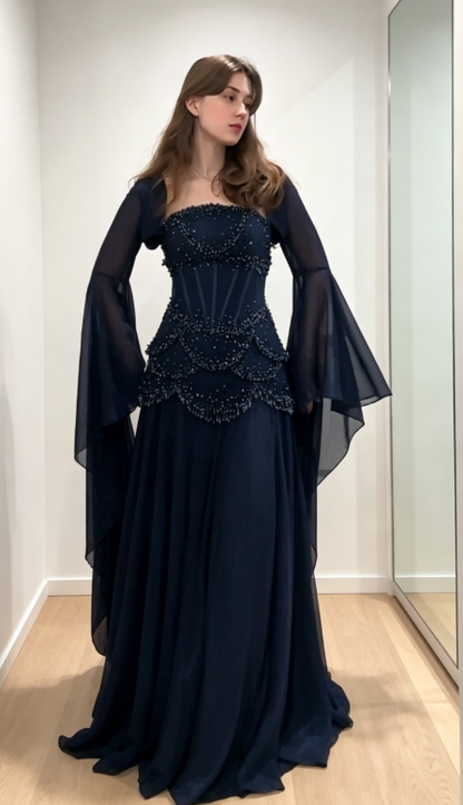 Chic Strapless Sheath Chiffon Long Evening Dress Navy Blue Prom Dress ED09195