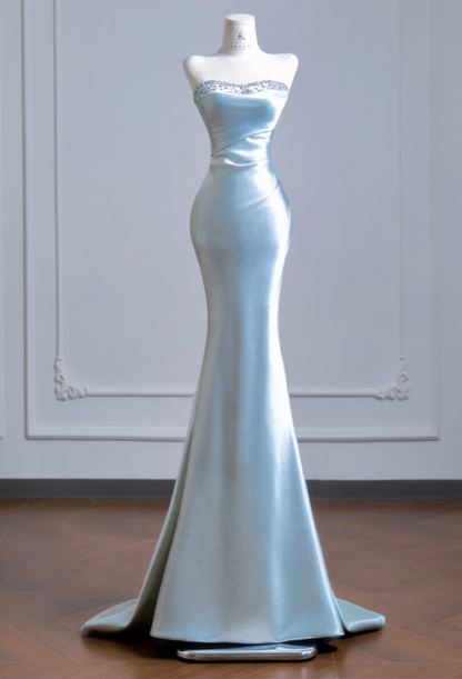 Chic Strapless Mermaid Satin Long Evening Dress Tiffany Blue Prom Dress ED09196