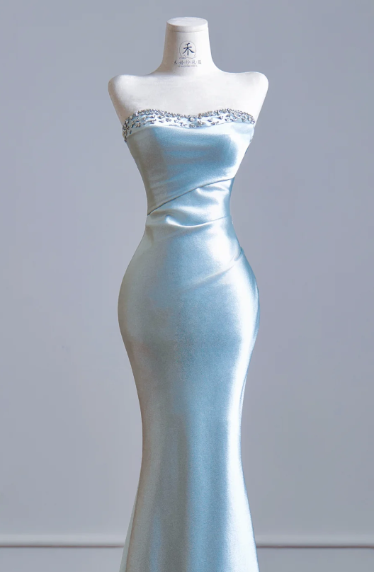 Chic Strapless Mermaid Satin Long Evening Dress Tiffany Blue Prom Dress ED09196