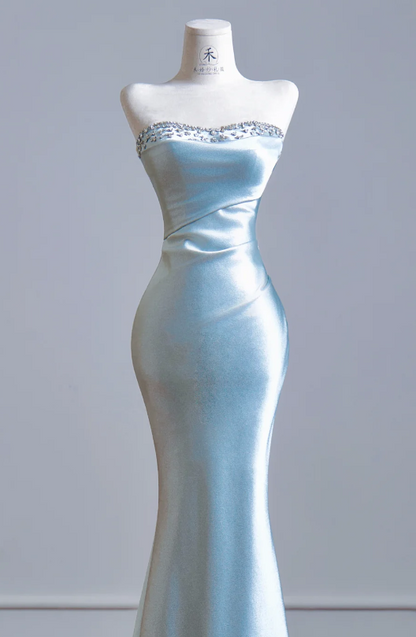 Chic Strapless Mermaid Satin Long Evening Dress Tiffany Blue Prom Dress ED09196