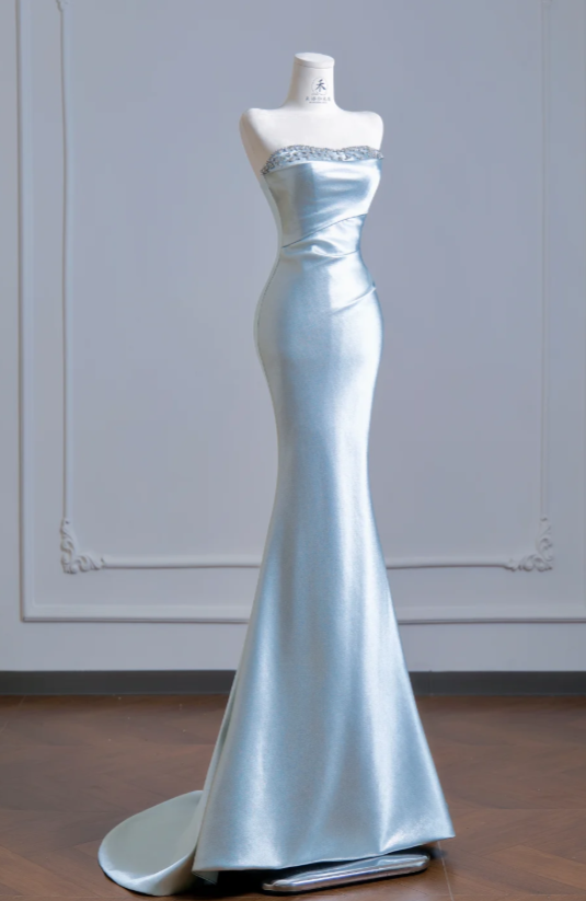 Chic Strapless Mermaid Satin Long Evening Dress Tiffany Blue Prom Dress ED09196