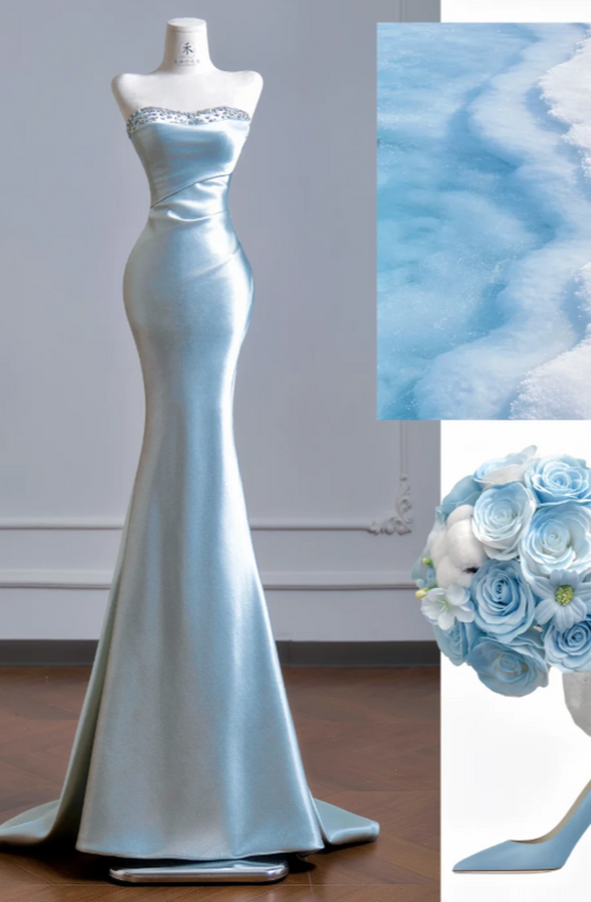 Chic Strapless Mermaid Satin Long Evening Dress Tiffany Blue Prom Dress ED09196
