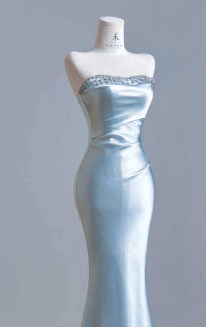 Chic Strapless Mermaid Satin Long Evening Dress Tiffany Blue Prom Dress ED09196