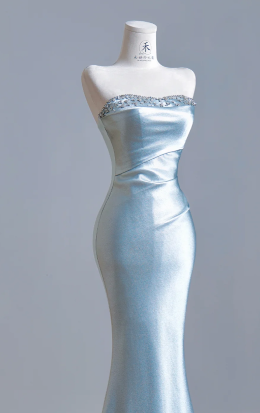 Chic Strapless Mermaid Satin Long Evening Dress Tiffany Blue Prom Dress ED09196