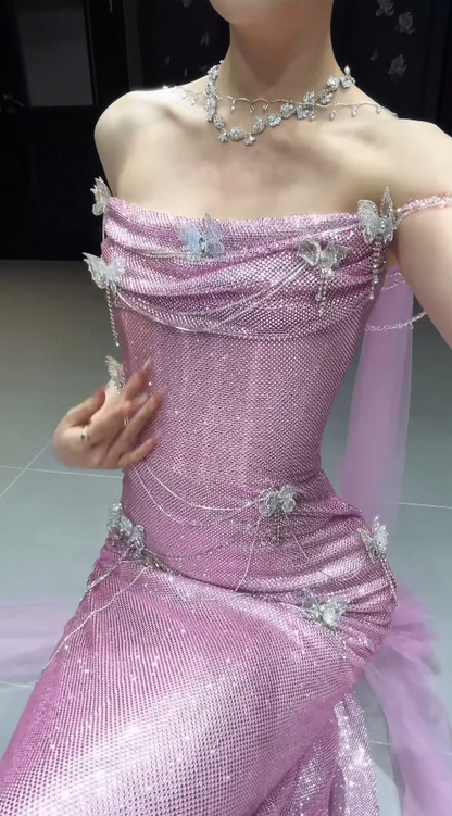 Chic Strapless Sheath Tulle Long Evening Dress Pink Prom Dress ED09197