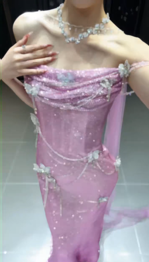 Chic Strapless Sheath Tulle Long Evening Dress Pink Prom Dress ED09197