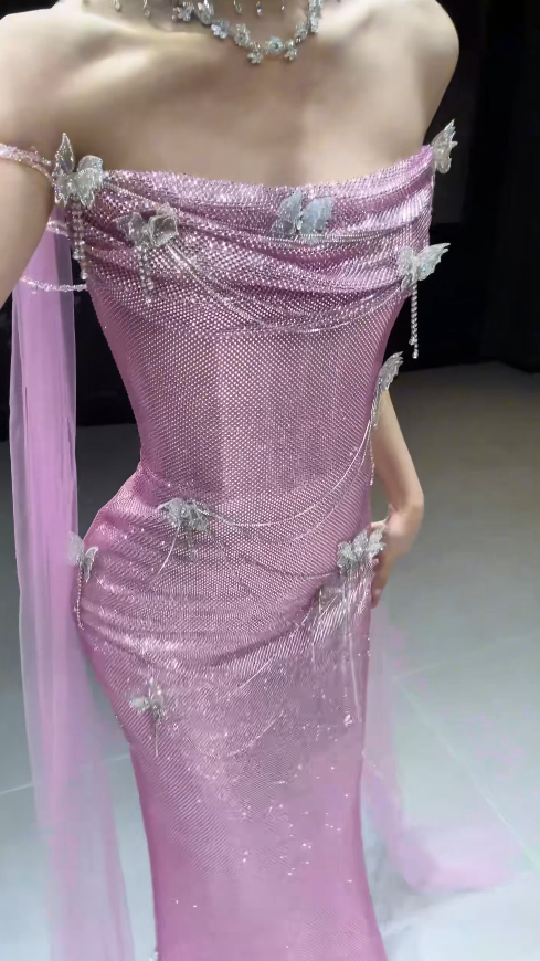 Chic Strapless Sheath Tulle Long Evening Dress Pink Prom Dress ED09197