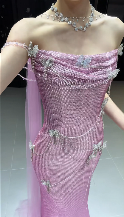 Chic Strapless Sheath Tulle Long Evening Dress Pink Prom Dress ED09197