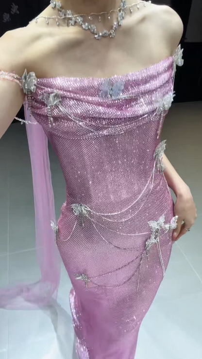 Chic Strapless Sheath Tulle Long Evening Dress Pink Prom Dress ED09197