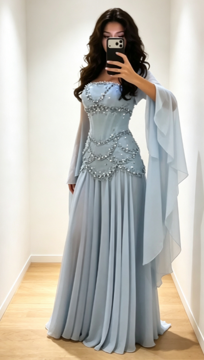 Chic Strapless Beaded Sheath Chiffon Long Evening Dress Blue Prom Dress ED09198