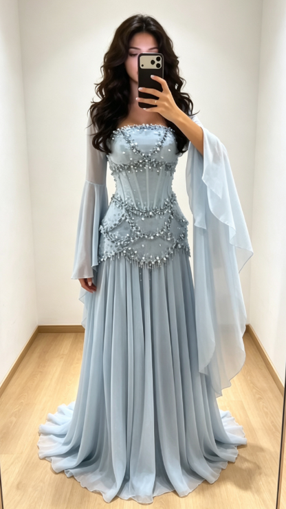 Chic Strapless Beaded Sheath Chiffon Long Evening Dress Blue Prom Dress ED09198