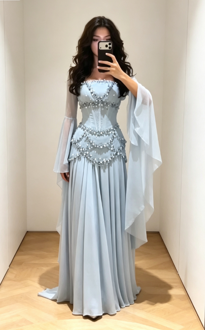 Chic Strapless Beaded Sheath Chiffon Long Evening Dress Blue Prom Dress ED09198