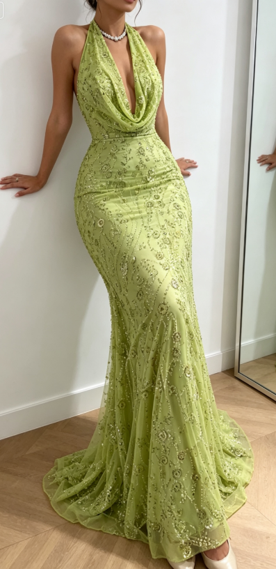 Elegant Green Prom Dress Halter Sheath Chiffon Beaded Long Evening Dress ED09200