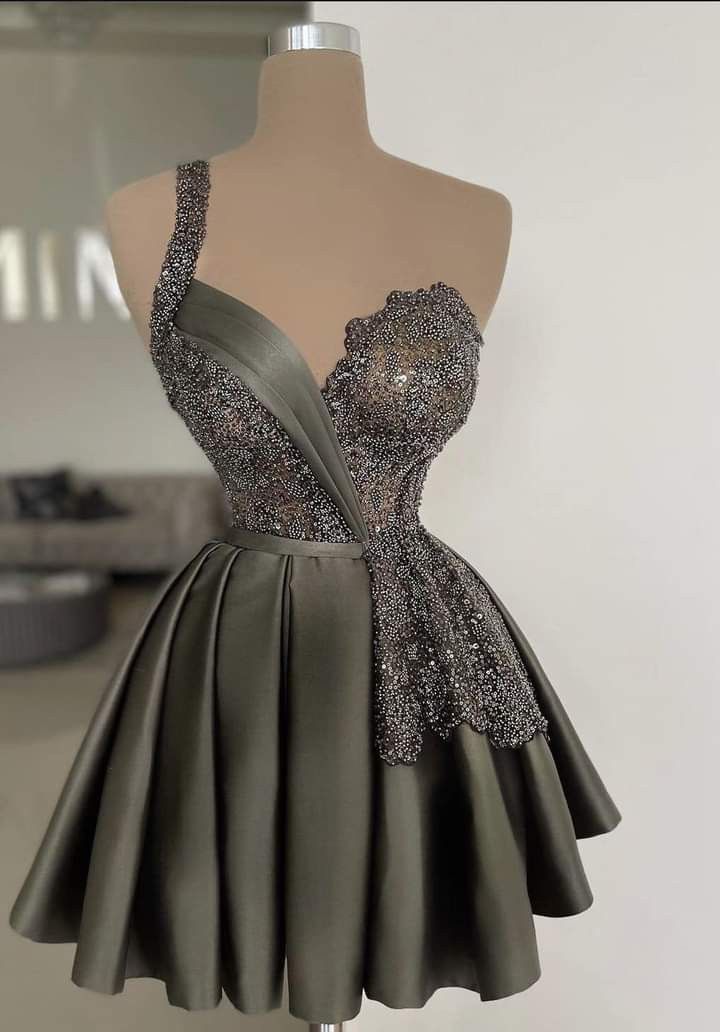 Chic Grey Green Short Prom Dress Beaded A-Line Birthday Dress Satin  Hoco Dress ED09204