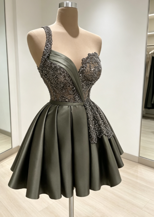 Chic Grey Green Short Prom Dress Beaded A-Line Birthday Dress Satin  Hoco Dress ED09204