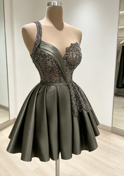 Chic Grey Green Short Prom Dress Beaded A-Line Birthday Dress Satin  Hoco Dress ED09204