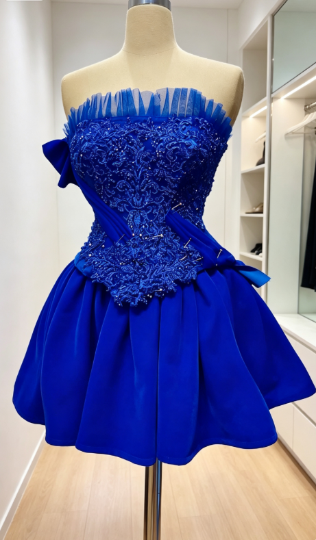 Robe de bal courte bleue chic, robe d'anniversaire perlée coupe trapèze, robe de bal en tulle Hoco ED09208