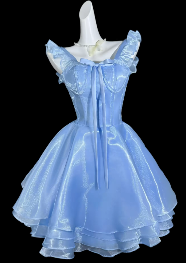 Chic Blue Short Prom Dress Tulle A-Line Birthday Dress Straps Hoco Dress ED09212
