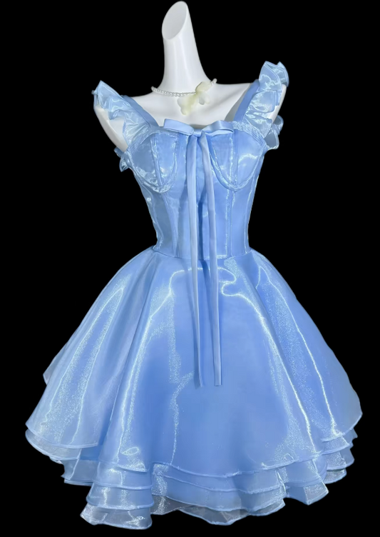 Robe de bal courte chic bleu en tulle coupe A-line, robe d'anniversaire à bretelles, robe Hoco ED09212