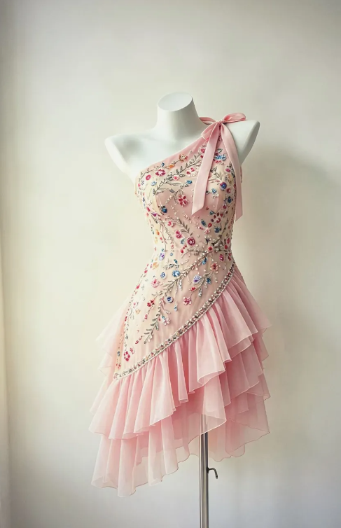 Chic Pink Short Prom Dress Tulle Sheath Birthday Dress One-shoulder Hoco Dress ED09213